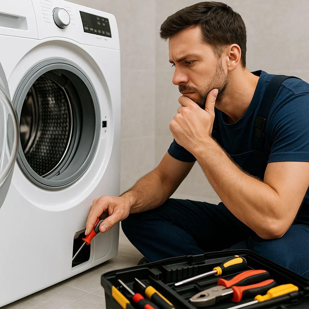 Monteur onderzoekt wasmachine met gereedschapskist