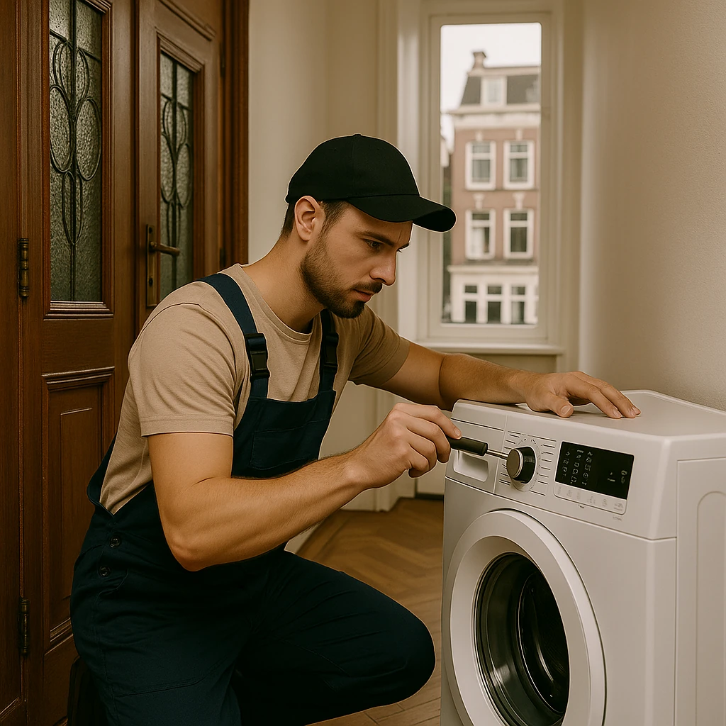 Monteur repareert een wasmachine in een Amsterdams appartement met uitzicht op grachtenpanden.
