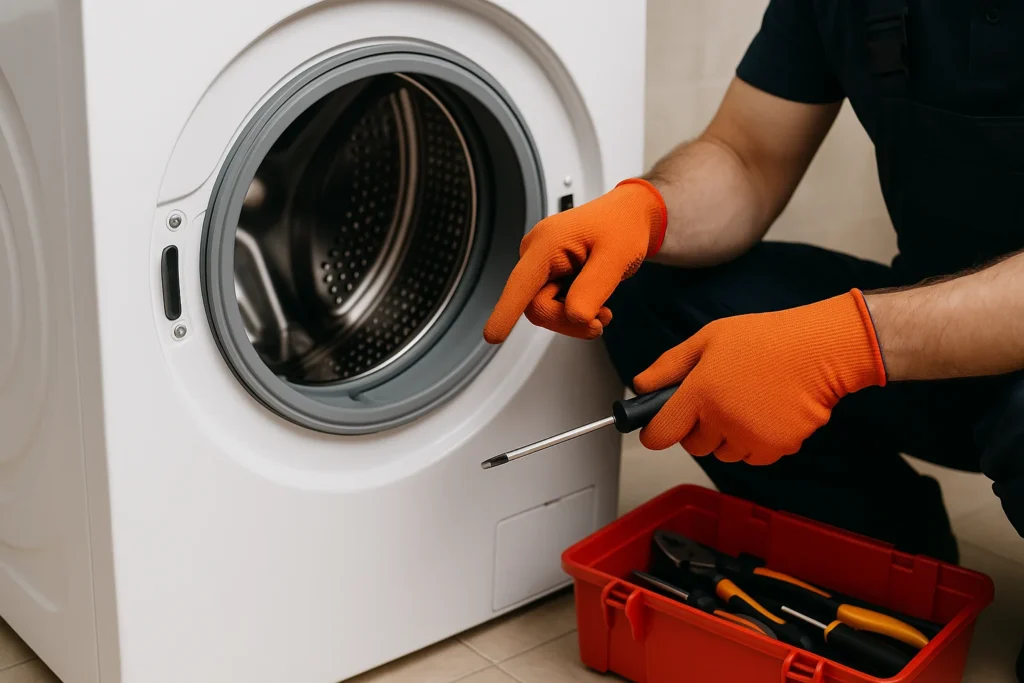 Technicus met oranje handschoenen repareert een wasmachine.