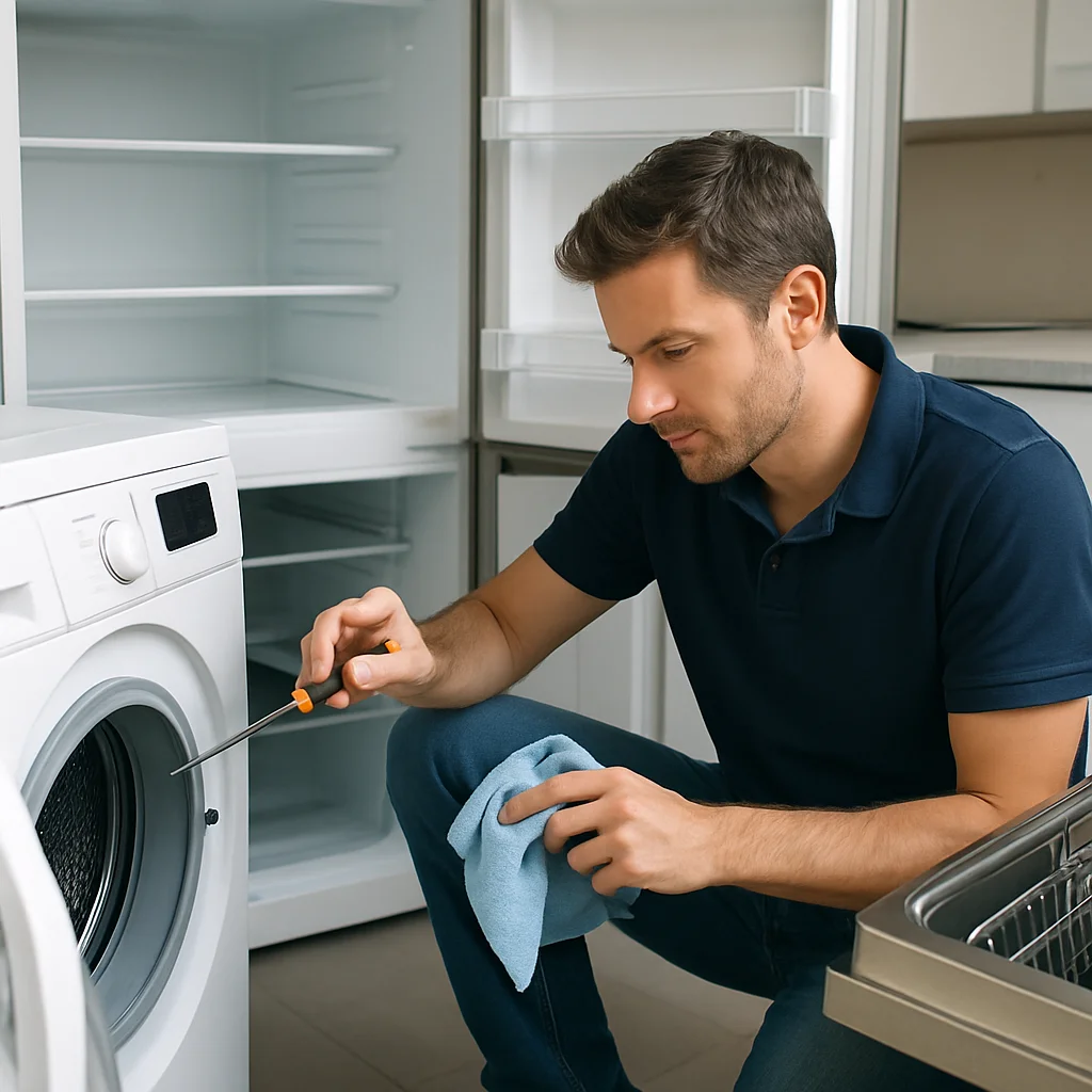 Man controleert wasmachine met schroevendraaier en doek