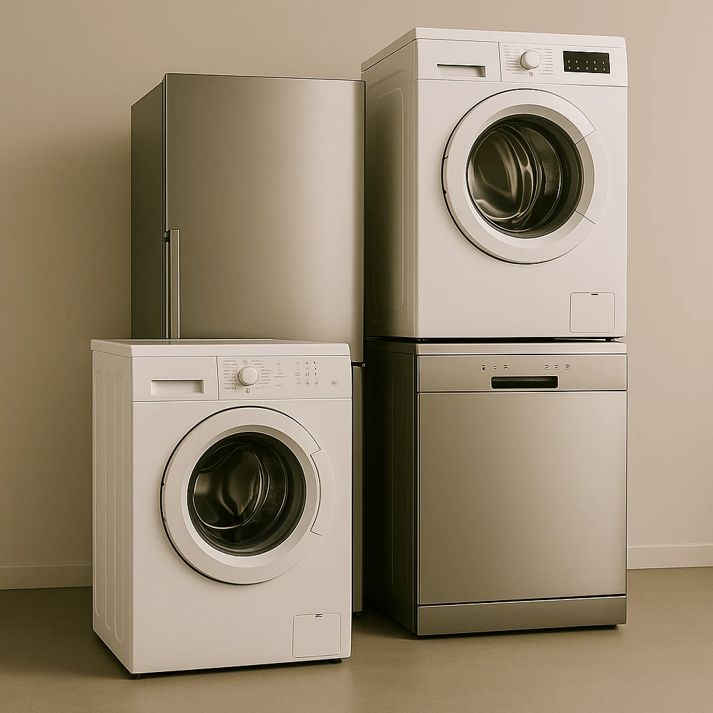 Groep grote huishoudelijke apparaten, waaronder wasmachine, koelkast, vaatwasser en droger, in een neutrale ruimte.