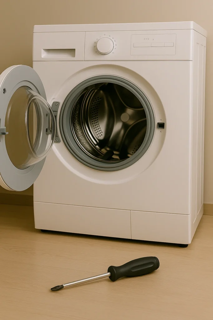 Voorlader wasmachine met open deur en schroevendraaier op de vloer