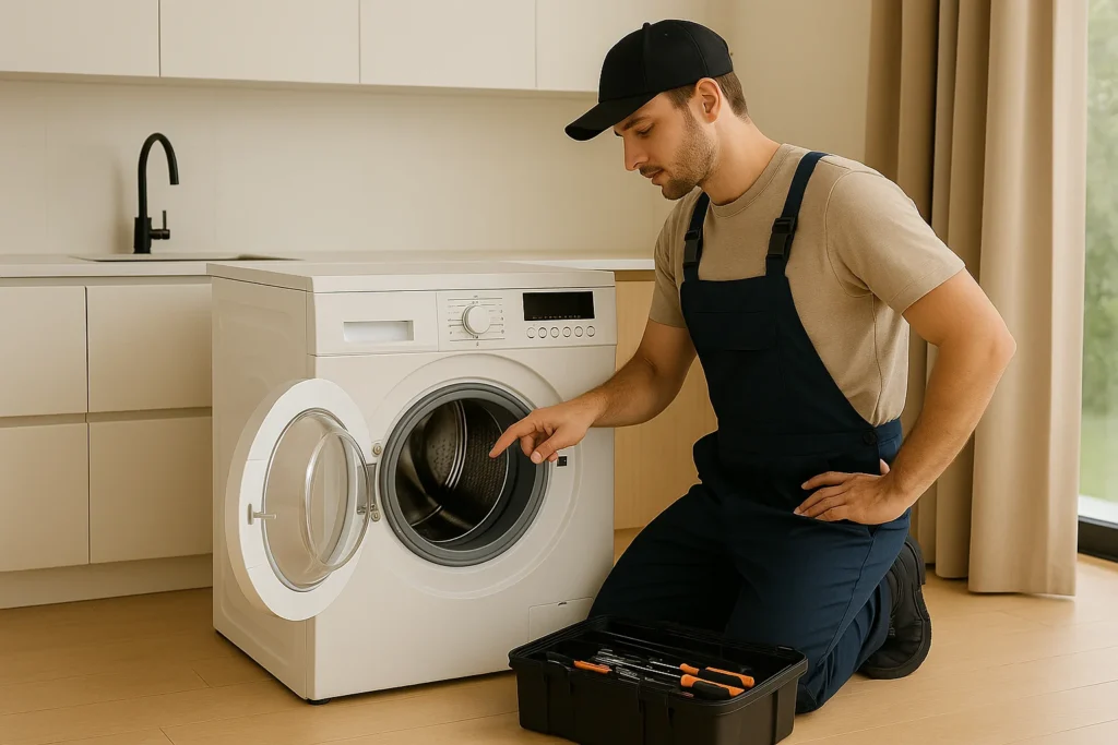 Monteur in blauwe overall inspecteert een open wasmachine in een moderne keuken, met een gereedschapskist op de vloer.