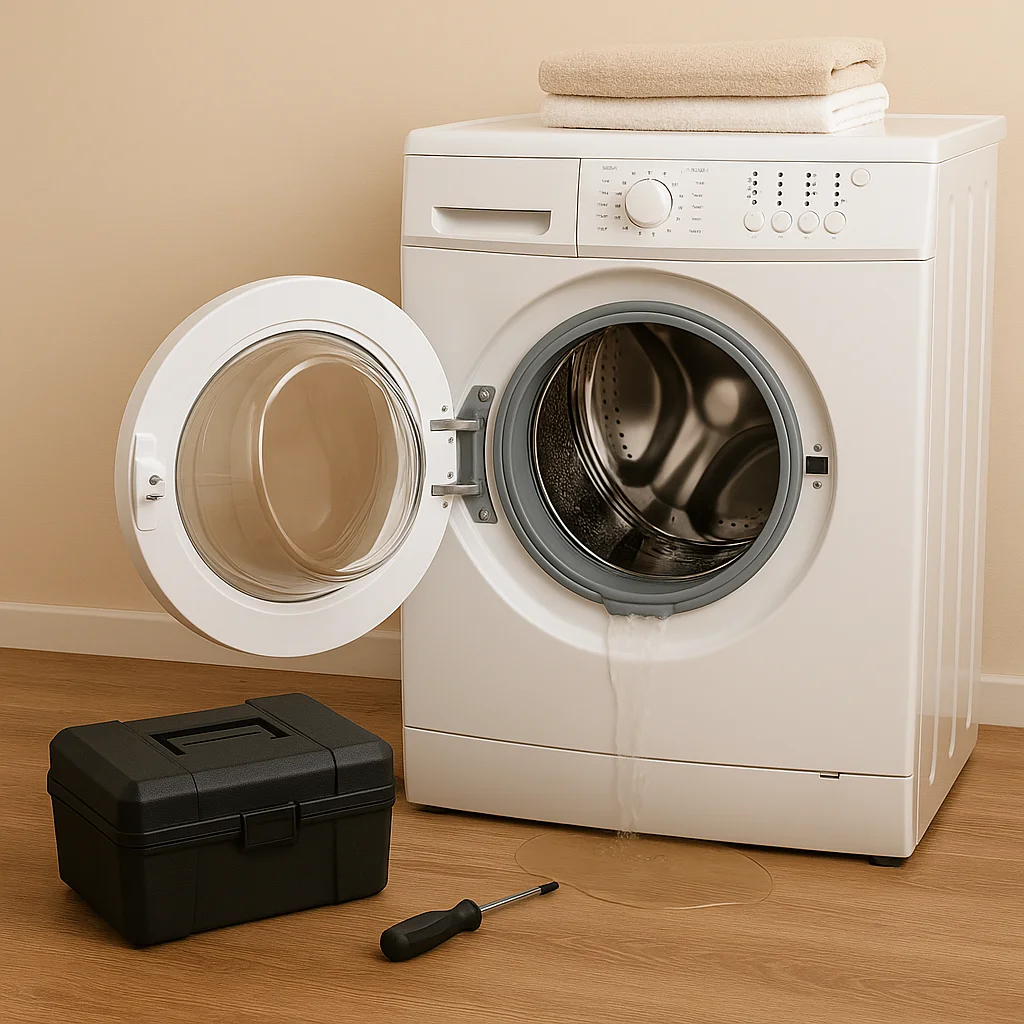 Defecte wasmachine met open deur, lekkend water en gereedschap ernaast.