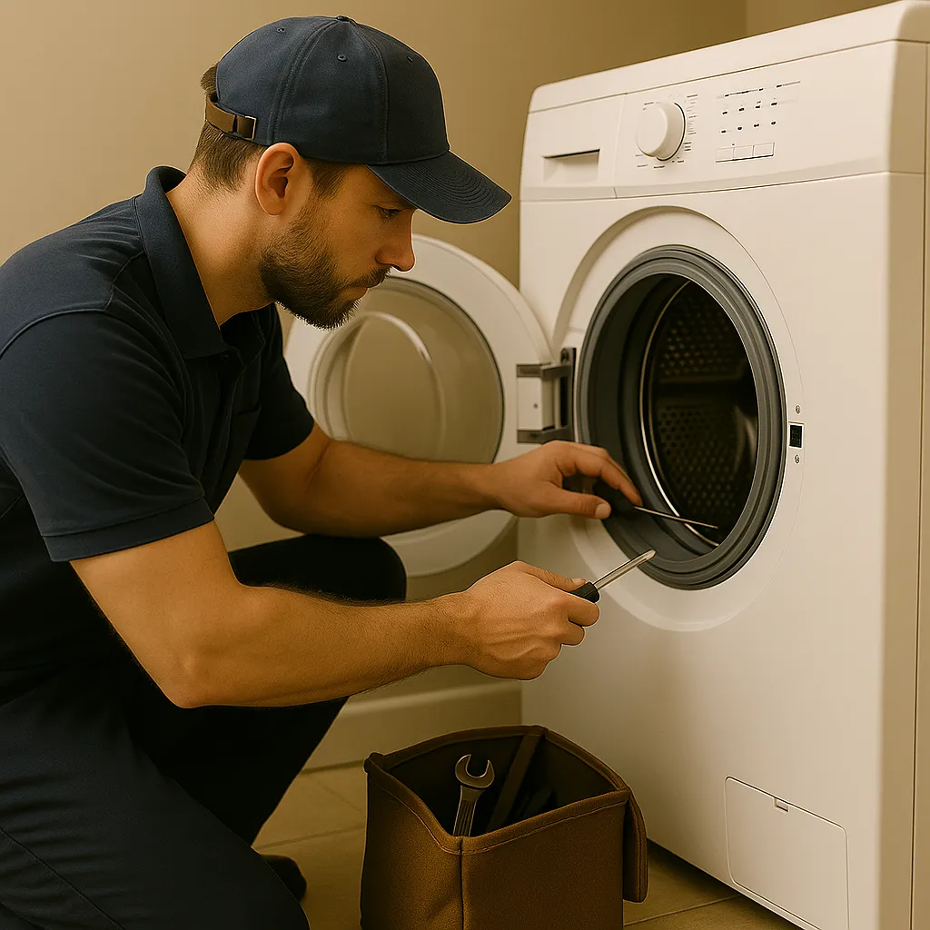 Monteur repareert een wasmachine door het manchet en de trommelopening te inspecteren met een schroevendraaier.