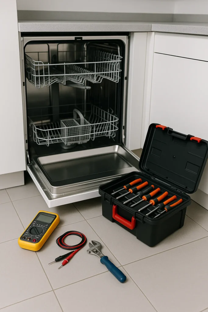 Technicus repareert koelkastcompressor met gereedschapskoffer op tegelvloer