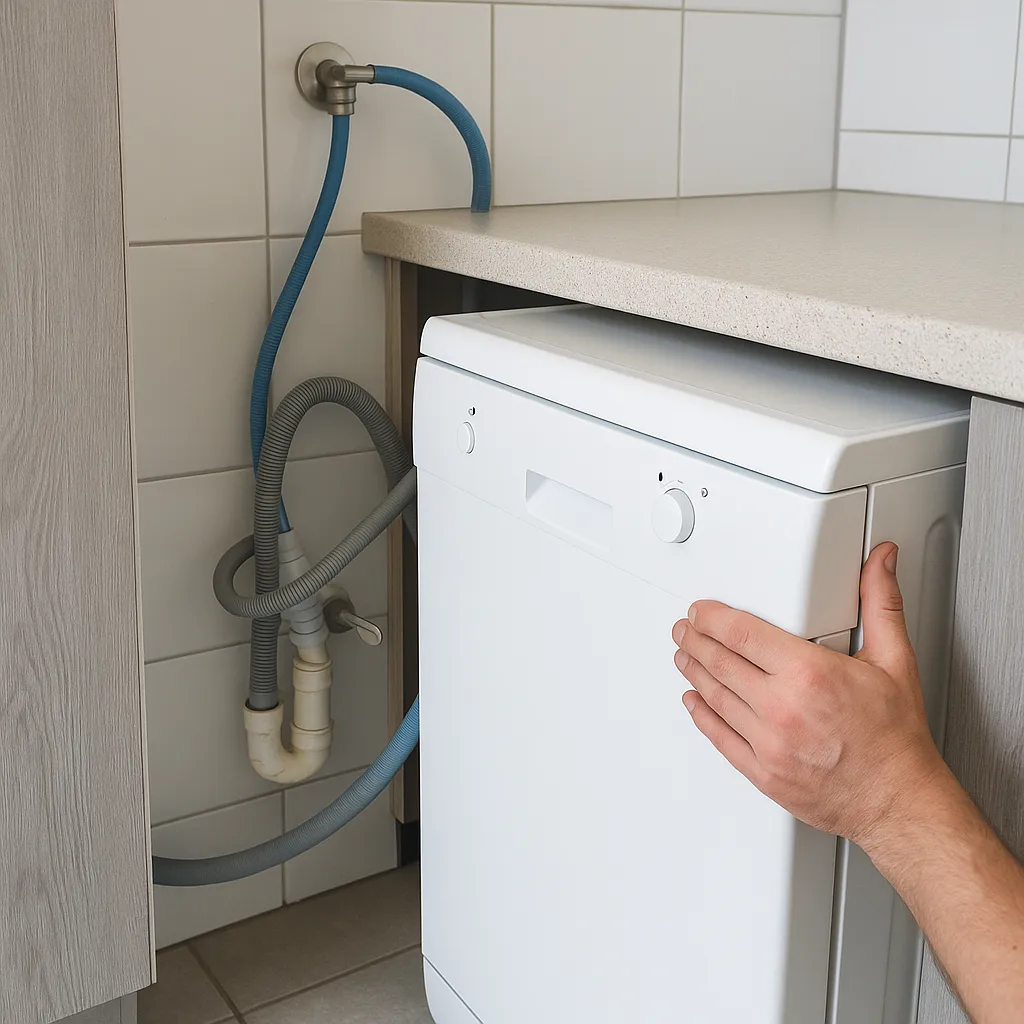 Close-up van een ingebouwde vaatwasser tijdens installatie onder een keukenblad, met zicht op wateraansluitingen.
