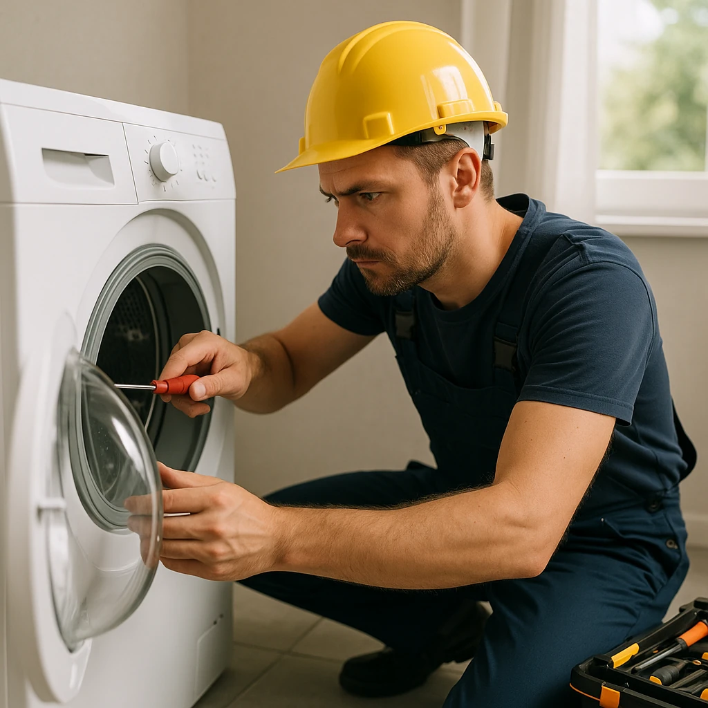 Een monteur in werkoverall en gele helm repareert geconcentreerd een wasmachine met een schroevendraaier