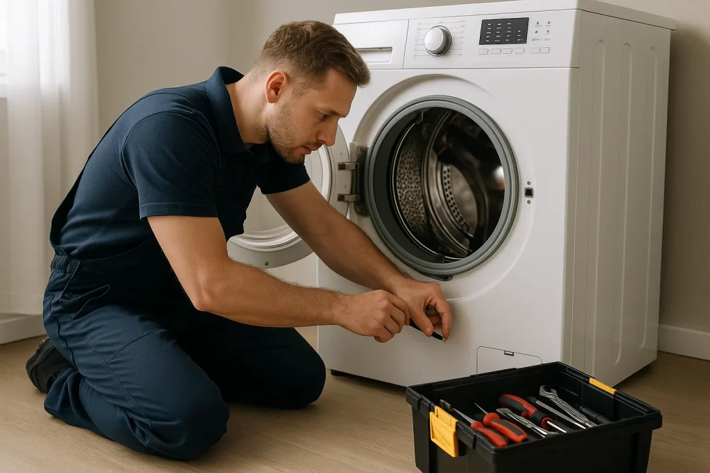 Wasmachine monteur repareert een kapotte wasmachine in een moderne wasruimte met gereedschapskist op de vloer