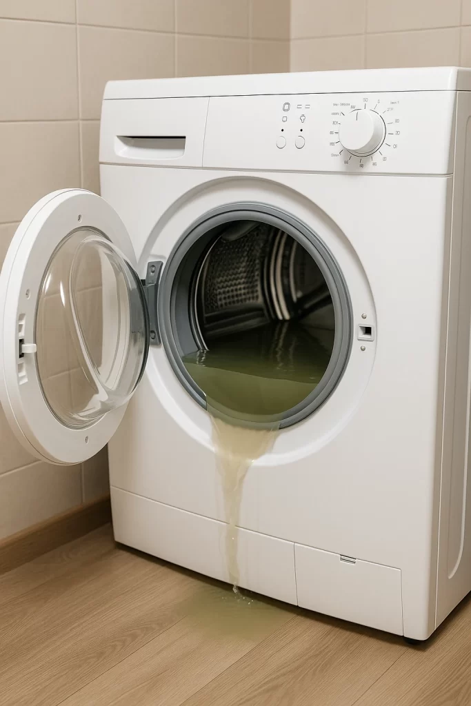 Een open wasmachine waar troebel water uit stroomt op een houten vloer in een lichte ruimte