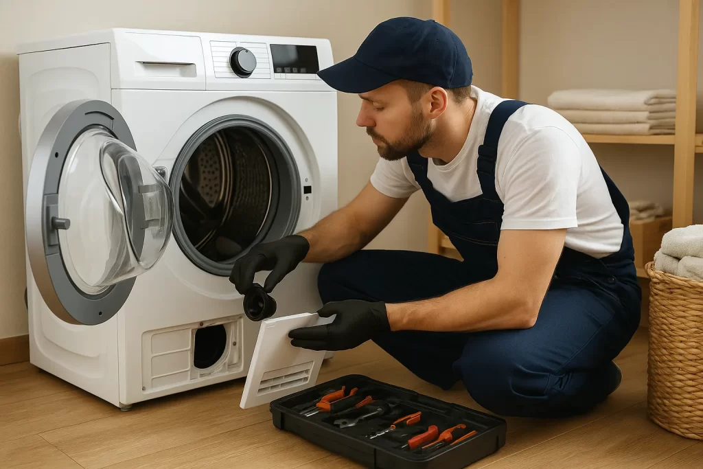 Een monteur in werktenue buigt zich over een open wasmachine, met gereedschap binnen handbereik.