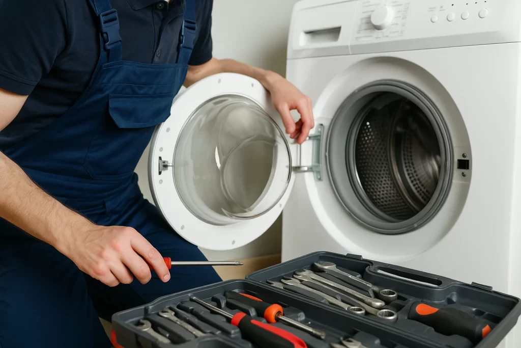 Een technicus in blauwe werkkleding repareert een wasmachine met open deur en gereedschapskoffer op de voorgrond