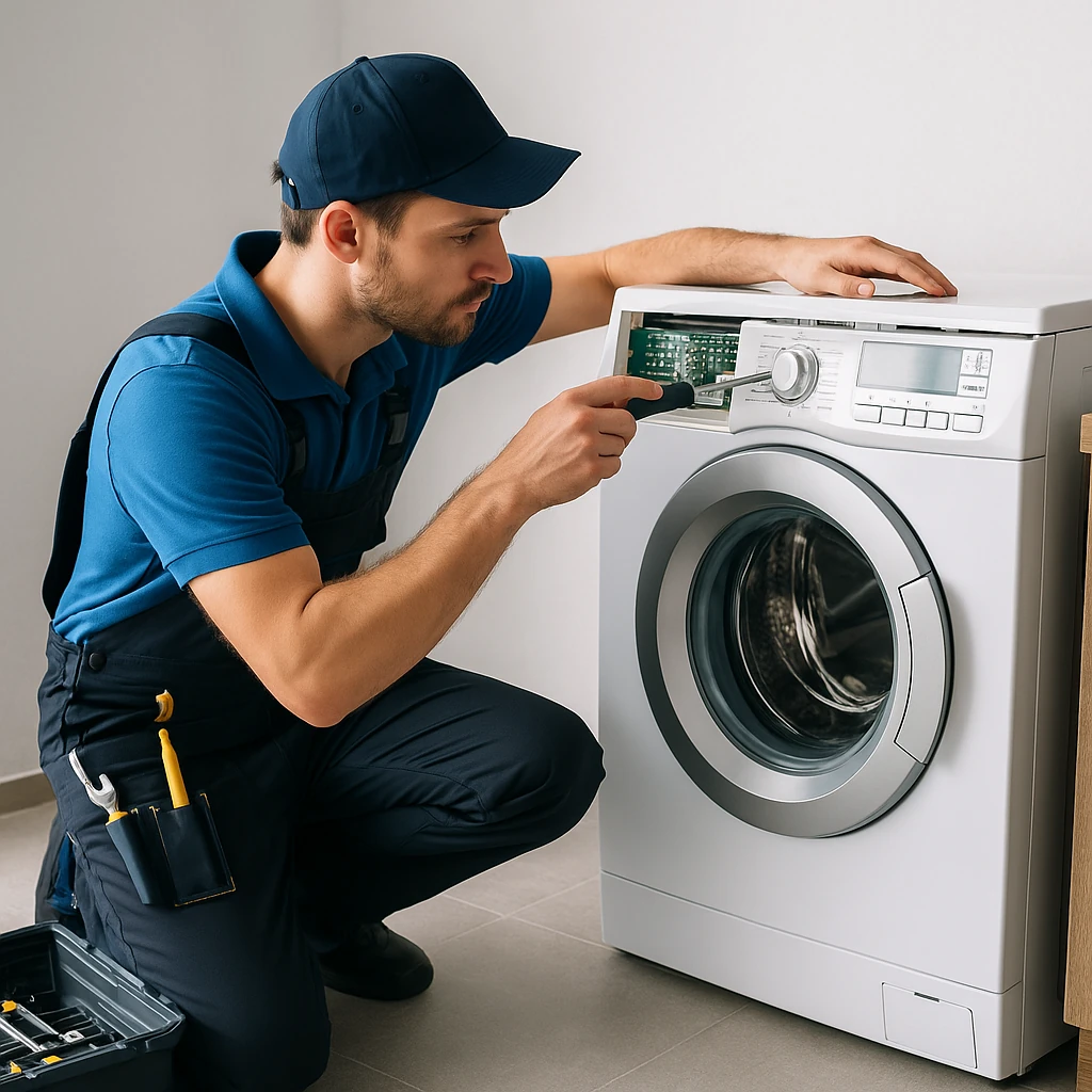 Een monteur in blauwe werkkleding repareert een witte wasmachine met een schroevendraaier in een moderne woning