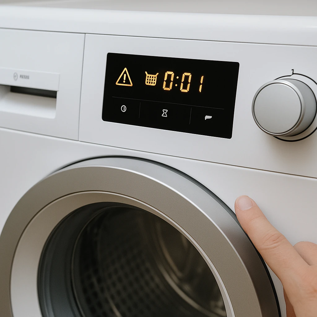 Close-up van Bosch drogerdisplay met storingssymbolen en vinger op resetknop