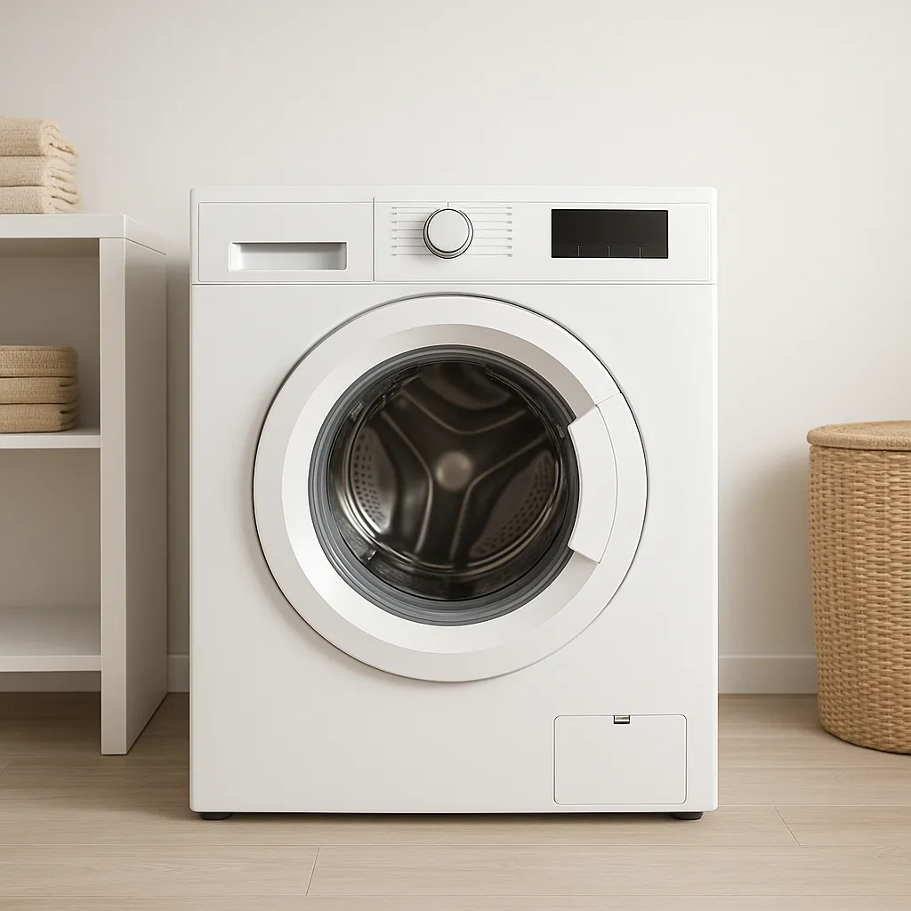 Moderne witte voorlader wasmachine in een minimalistische wasruimte met een wasmand en opgevouwen handdoeken.