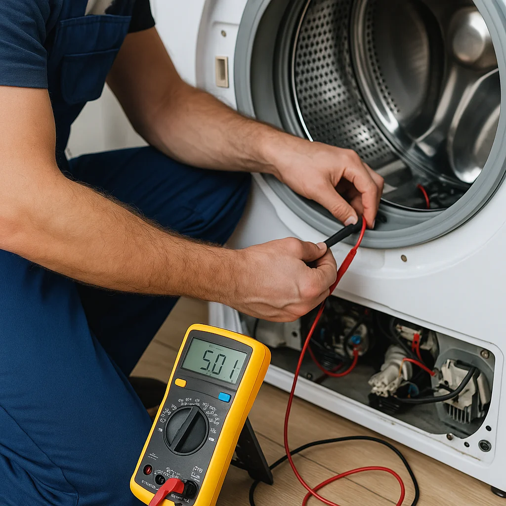 Monteur controleert wasmachine met digitale multimeter