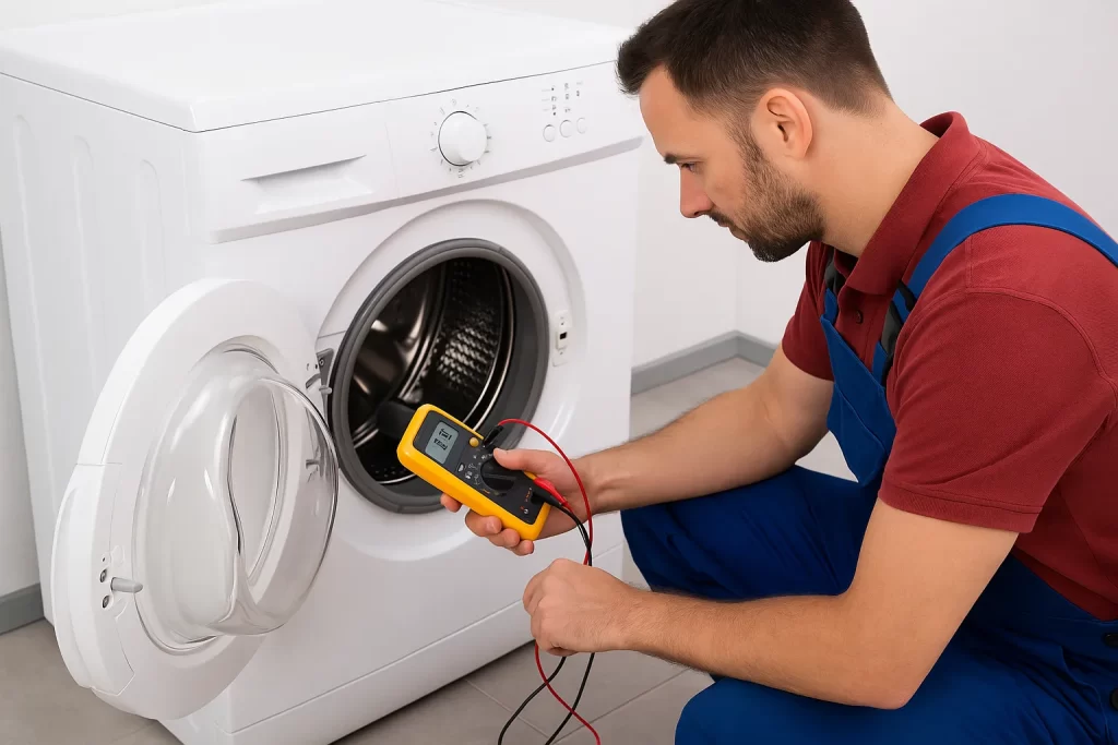 Monteur controleert wasmachine met meetapparaat tijdens reparatie in Utrecht