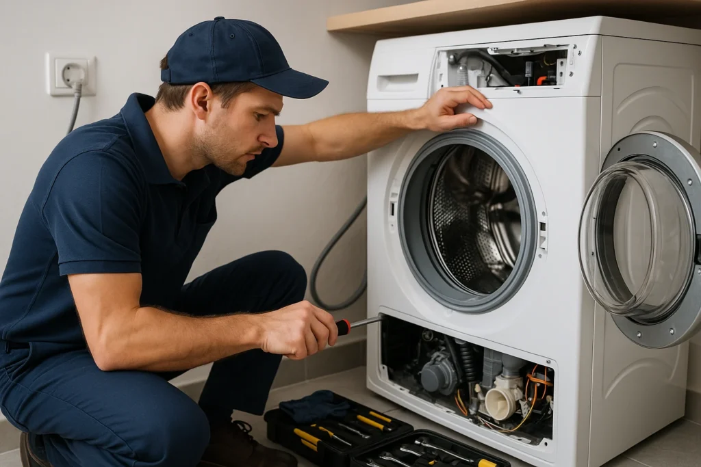 Monteur in werkpak repareert een opengewerkte wasmachine in een nette bijkeuken