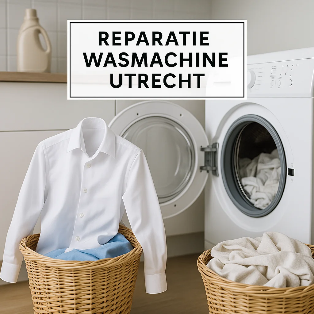 (Moderne wasruimte met openstaande wasmachine, witte blouse in een wasmand, en natuurlijk daglicht