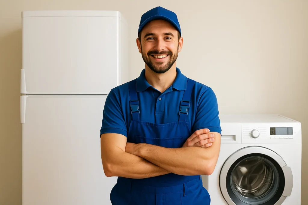 Monteur in blauw uniform poseert voor koelkast en wasmachine.