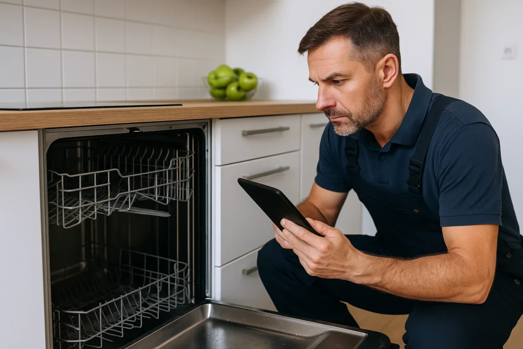 Vaatwasser monteur met tablet inspecteert een open vaatwasser