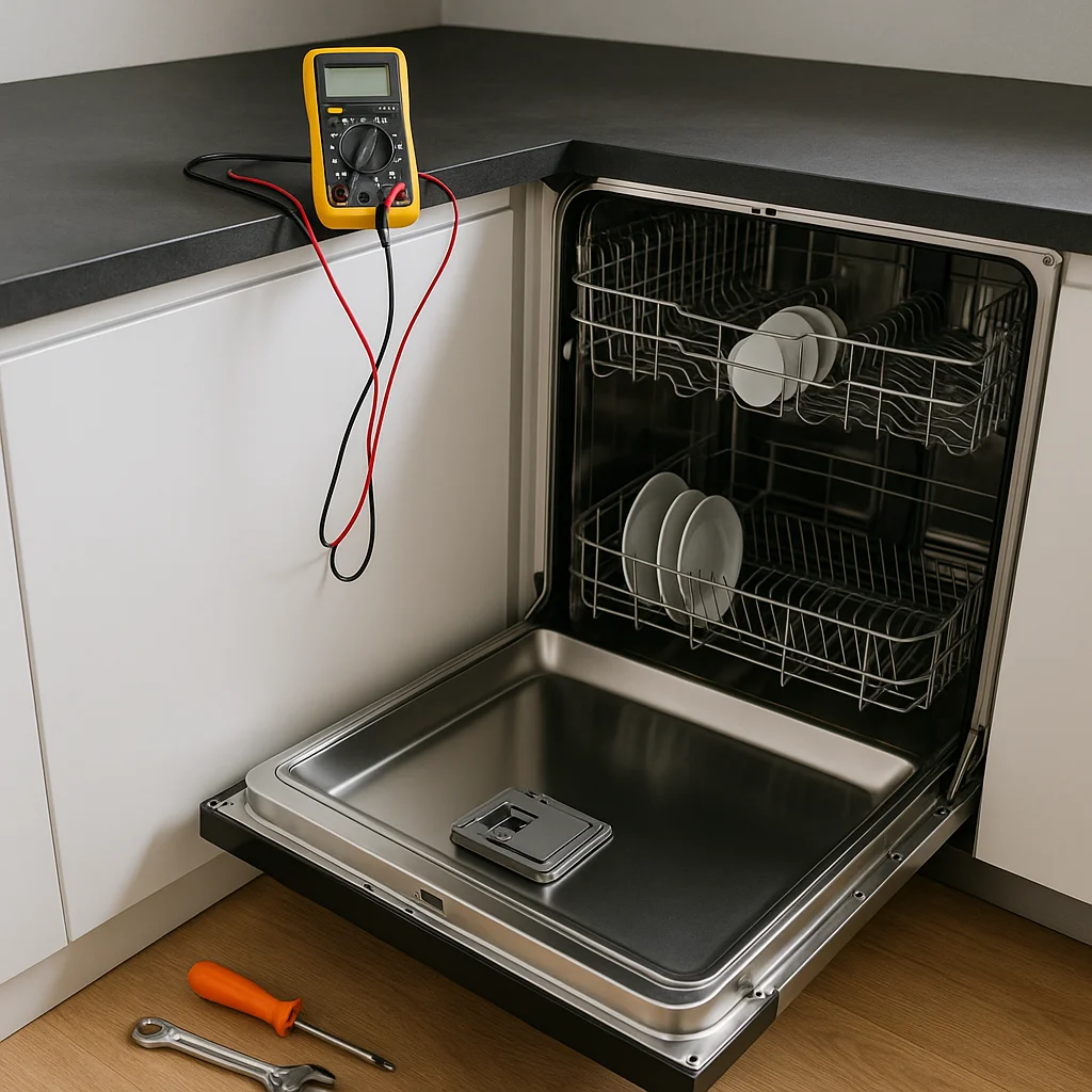 Open ingebouwde vaatwasser met gereedschap en multimeter, klaar voor reparatie in een moderne keuken.