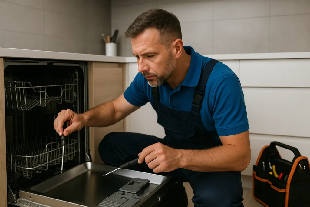 Technicus repareert ingebouwde vaatwasser in moderne keuken