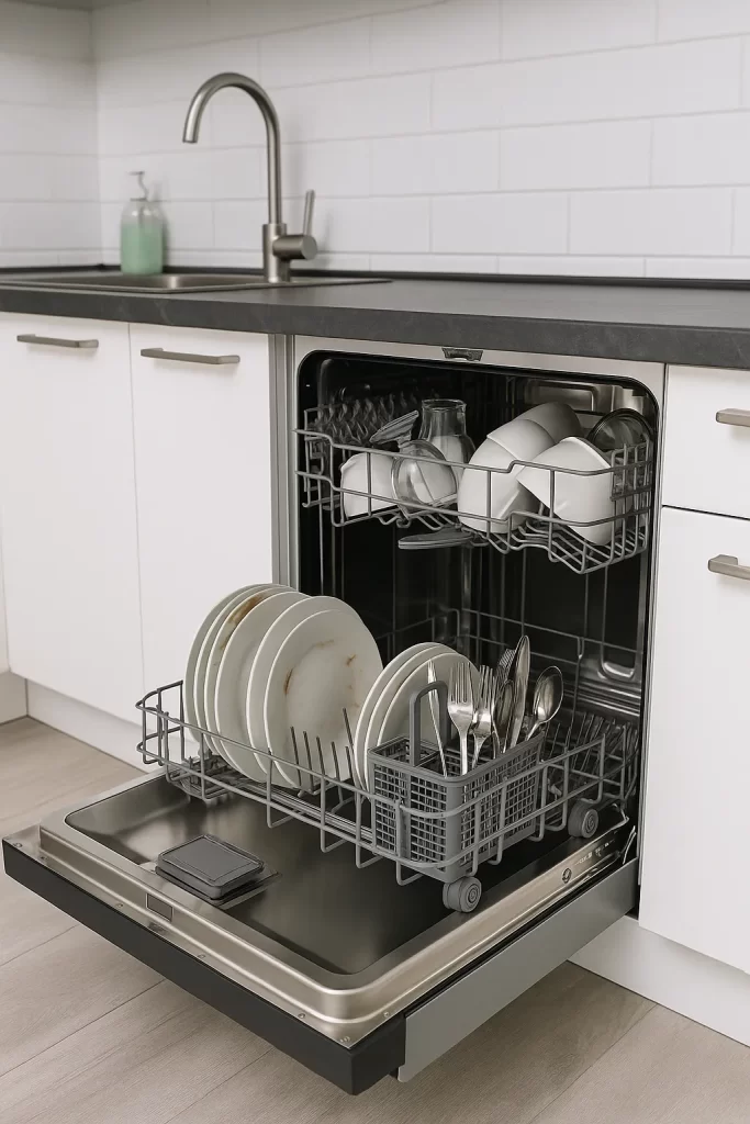 Openstaande vaatwasser met schone vaat na een geslaagde reparatie