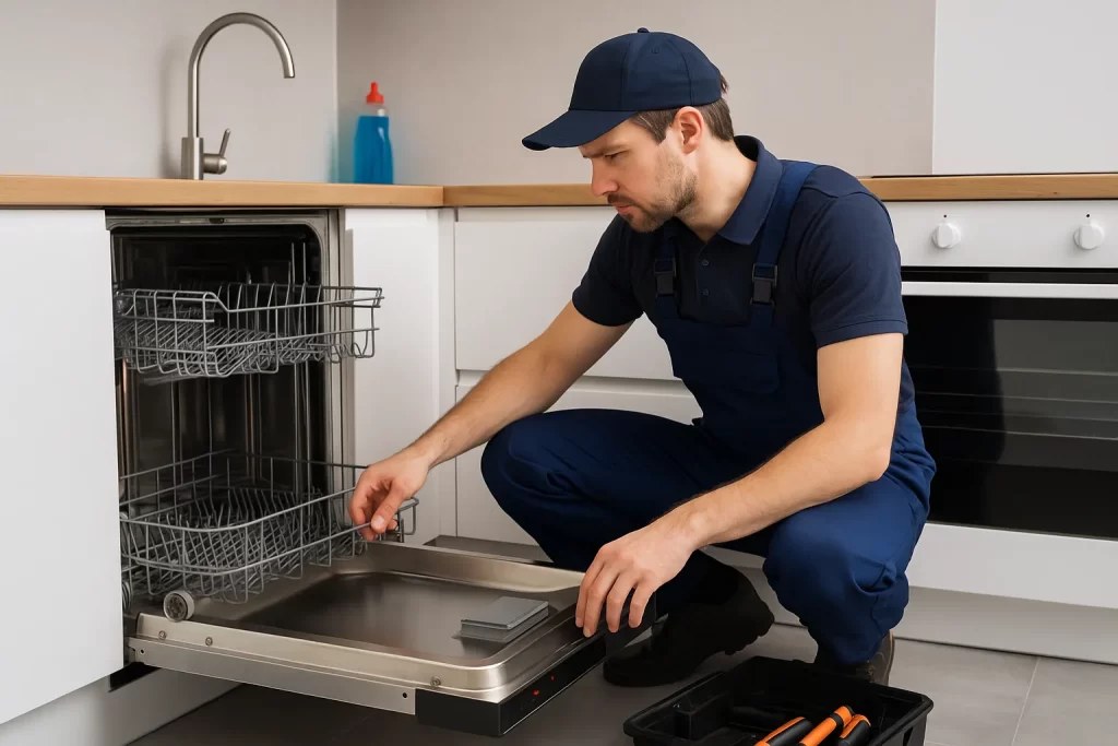 Monteur repareert een vaatwasser in een moderne keukenomgeving, zittend voor het geopende apparaat met gereedschap