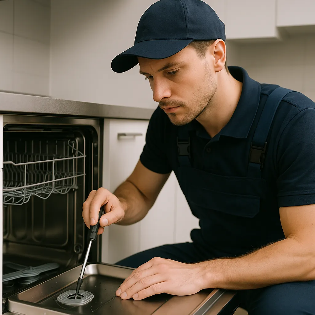 Monteur inspecteert binnenkant van vaatwasser met schroevendraaier in moderne keuken