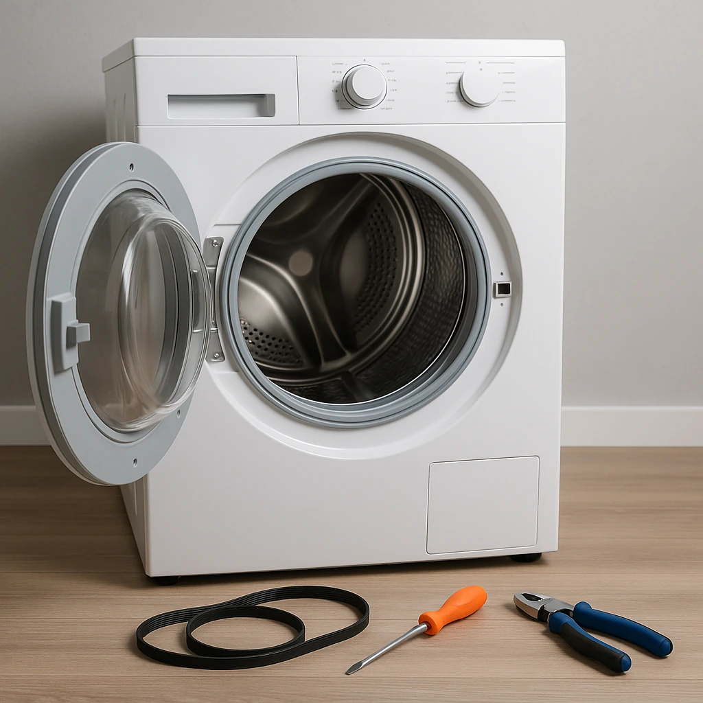 Wit frontload wasdroger met open deur en gereedschap op houten vloer, klaar voor reparatie