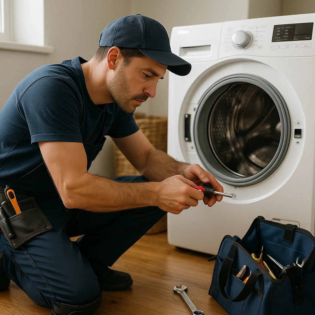 Witgoedmonteur in blauwe werkkleding repareert een voorladende wasmachine met gereedschap in moderne bijkeuken