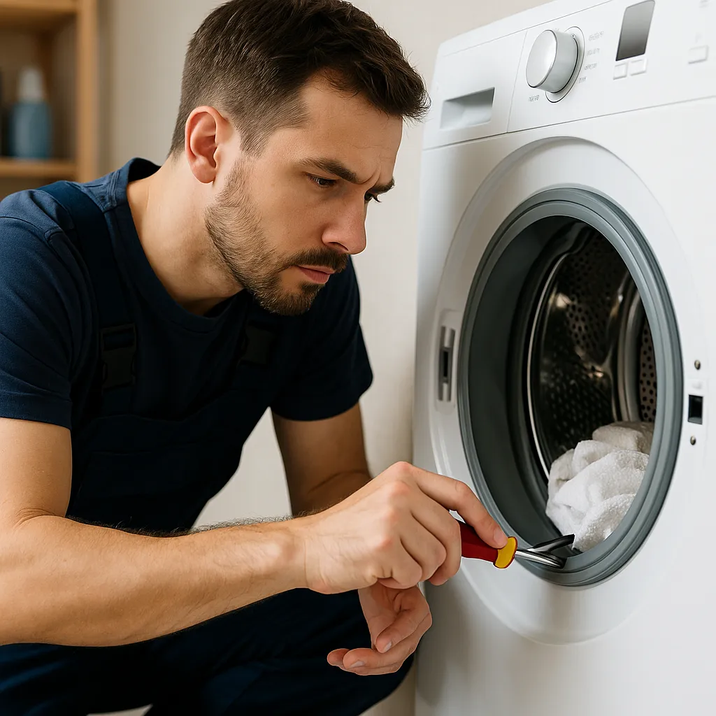 Wasmachine monteur onderzoekt de trommel van een kapotte voorlader
