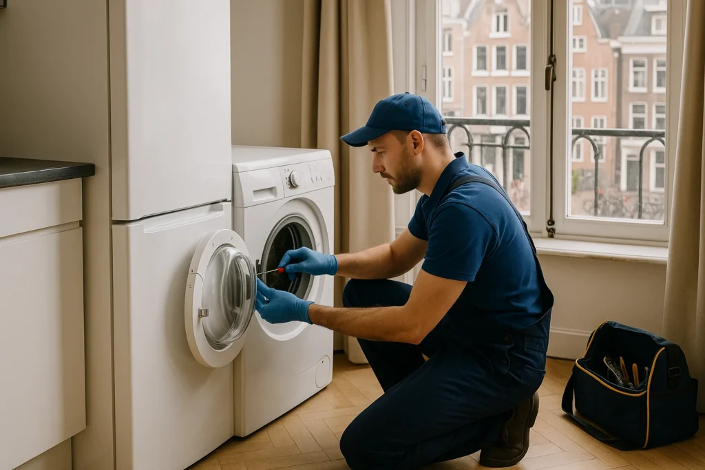 Monteur repareert wasmachine in een Amsterdams appartement met uitzicht op grachtenpanden