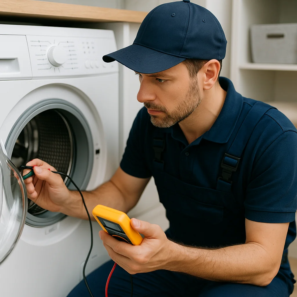 Monteur onderzoekt wasmachine met multimeter in moderne wasruimte
