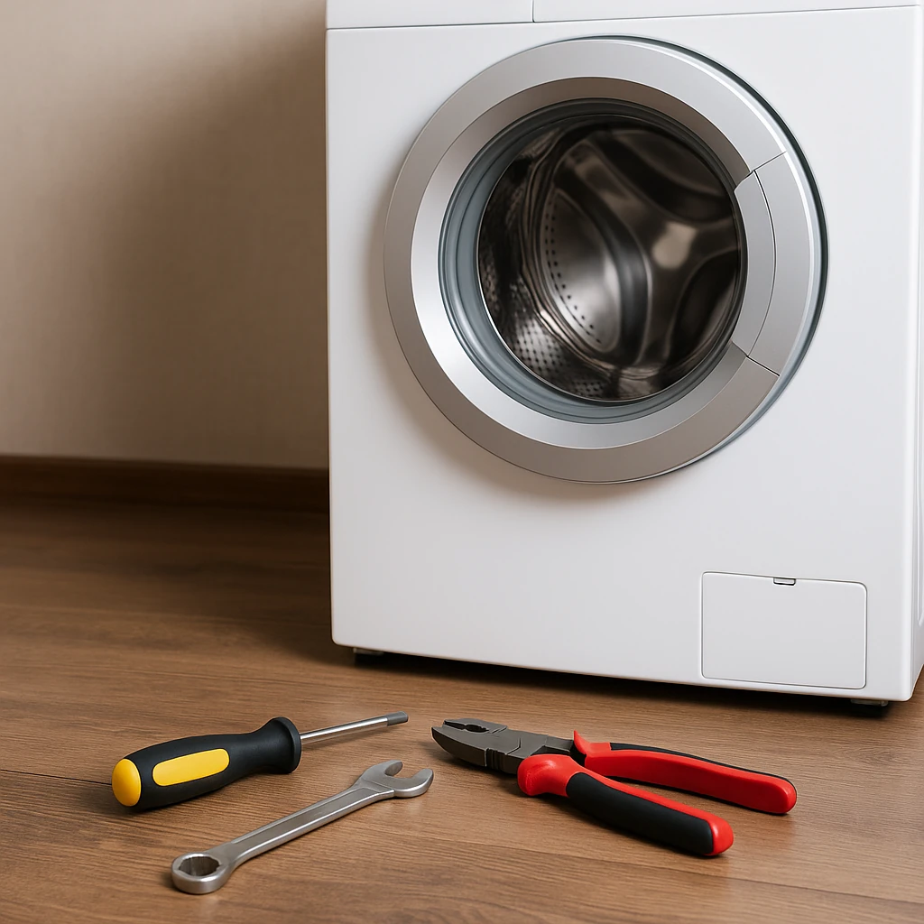 Moderne wasmachine met gereedschap op houten vloer, klaar voor onderhoud