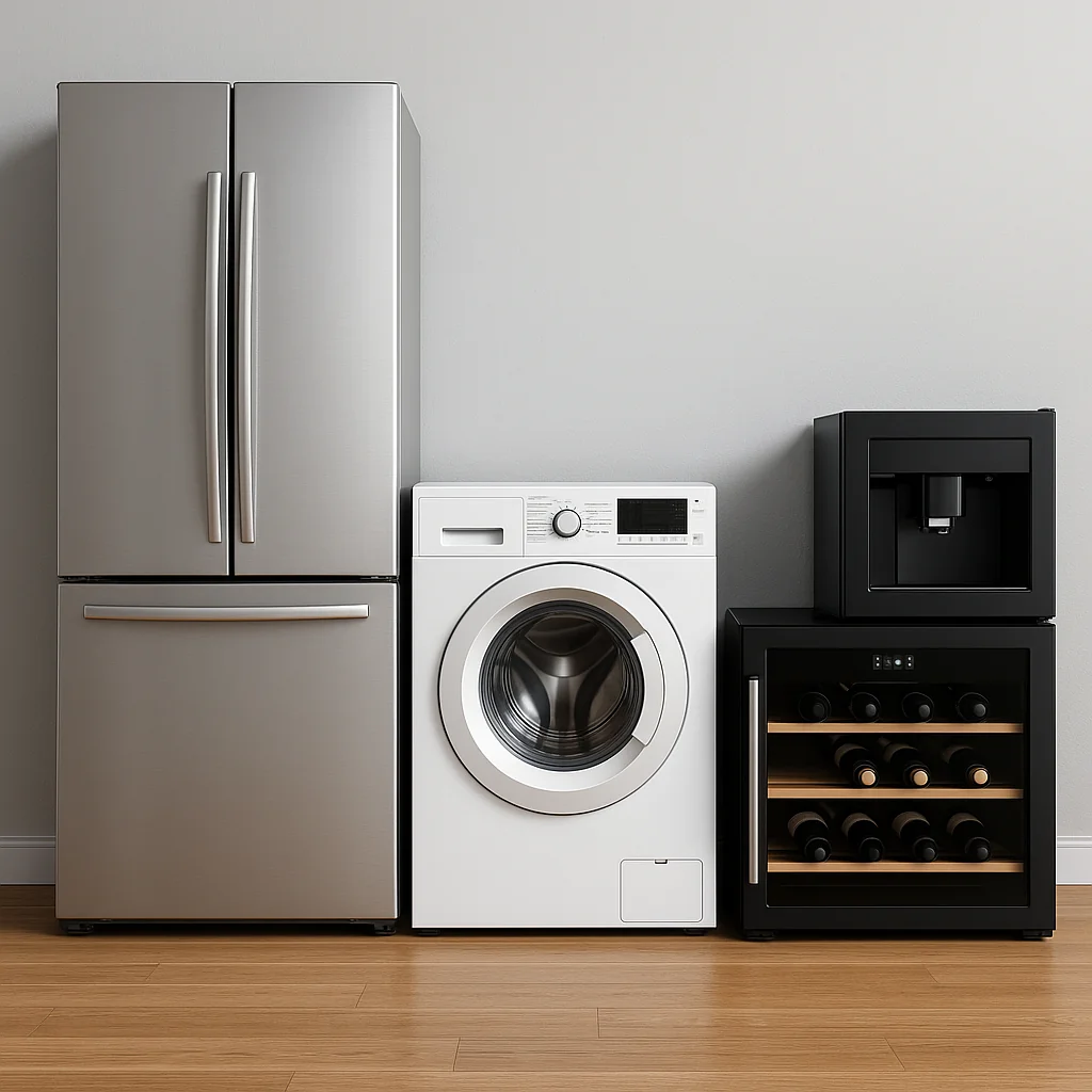 Rvs-koelkast, witte wasmachine, zwarte koffiemachine en wijnkoeler op rij.
