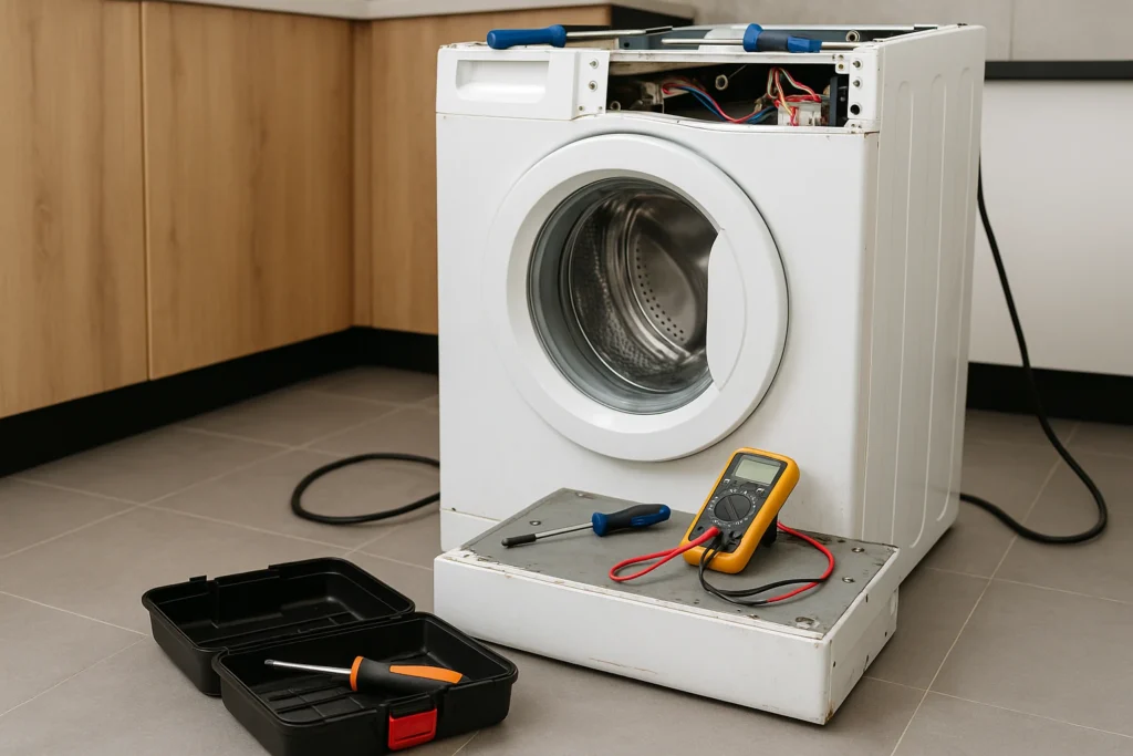 Wasmachine met open paneel en gereedschap eromheen in een moderne keuken