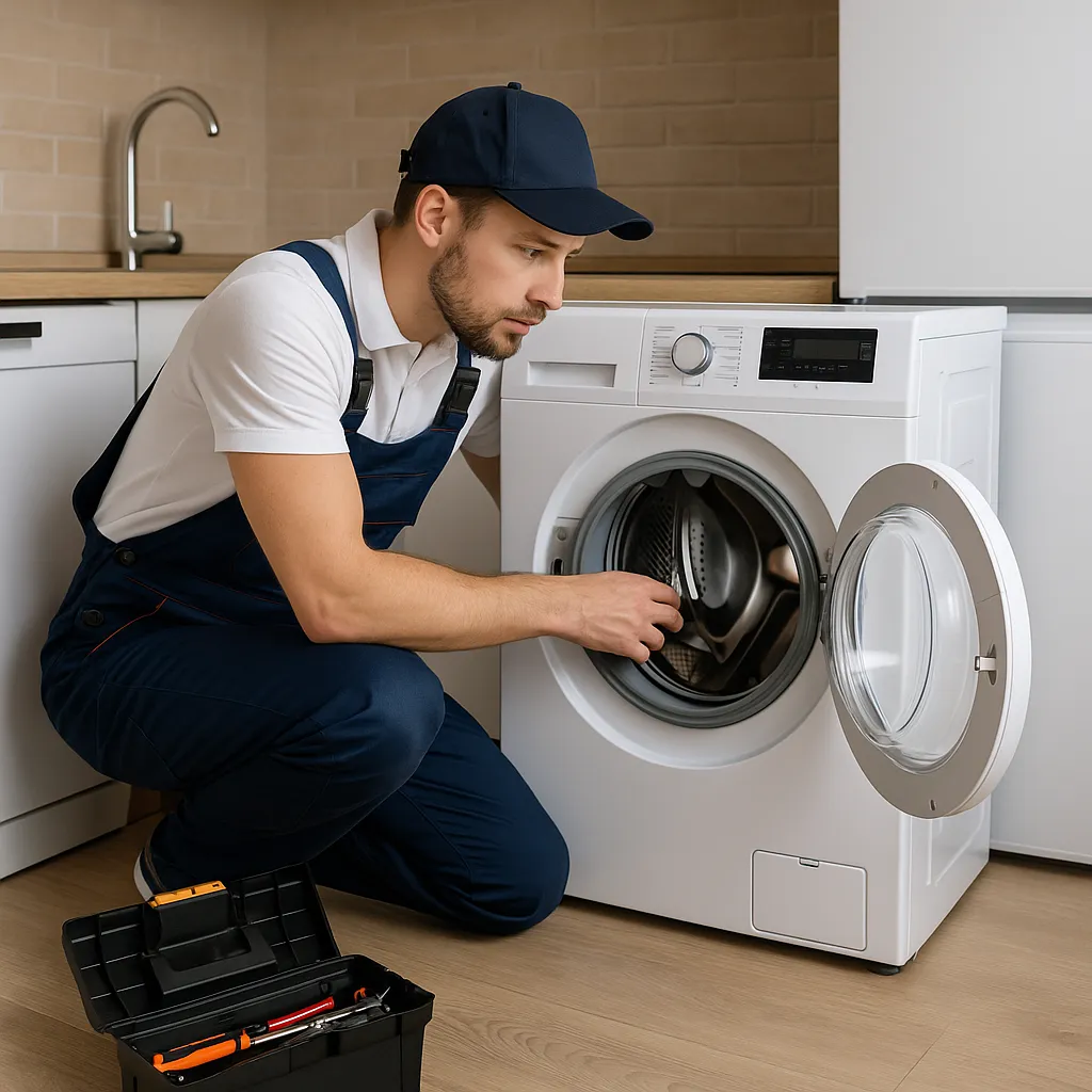 Witgoedmonteur controleert de trommel van een wasmachine in een moderne keuken