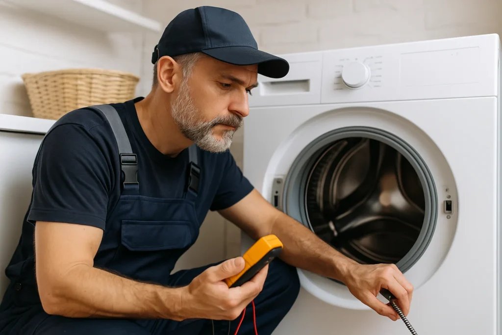 Monteur onderzoekt wasmachine met multimeter in moderne wasruimte
