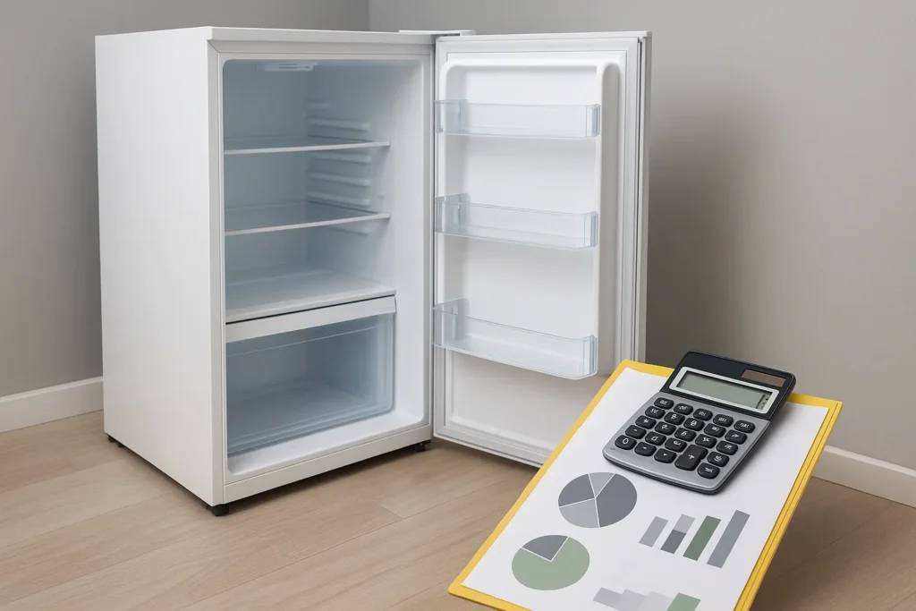 Open koelkast met calculator op clipboard op houten vloer