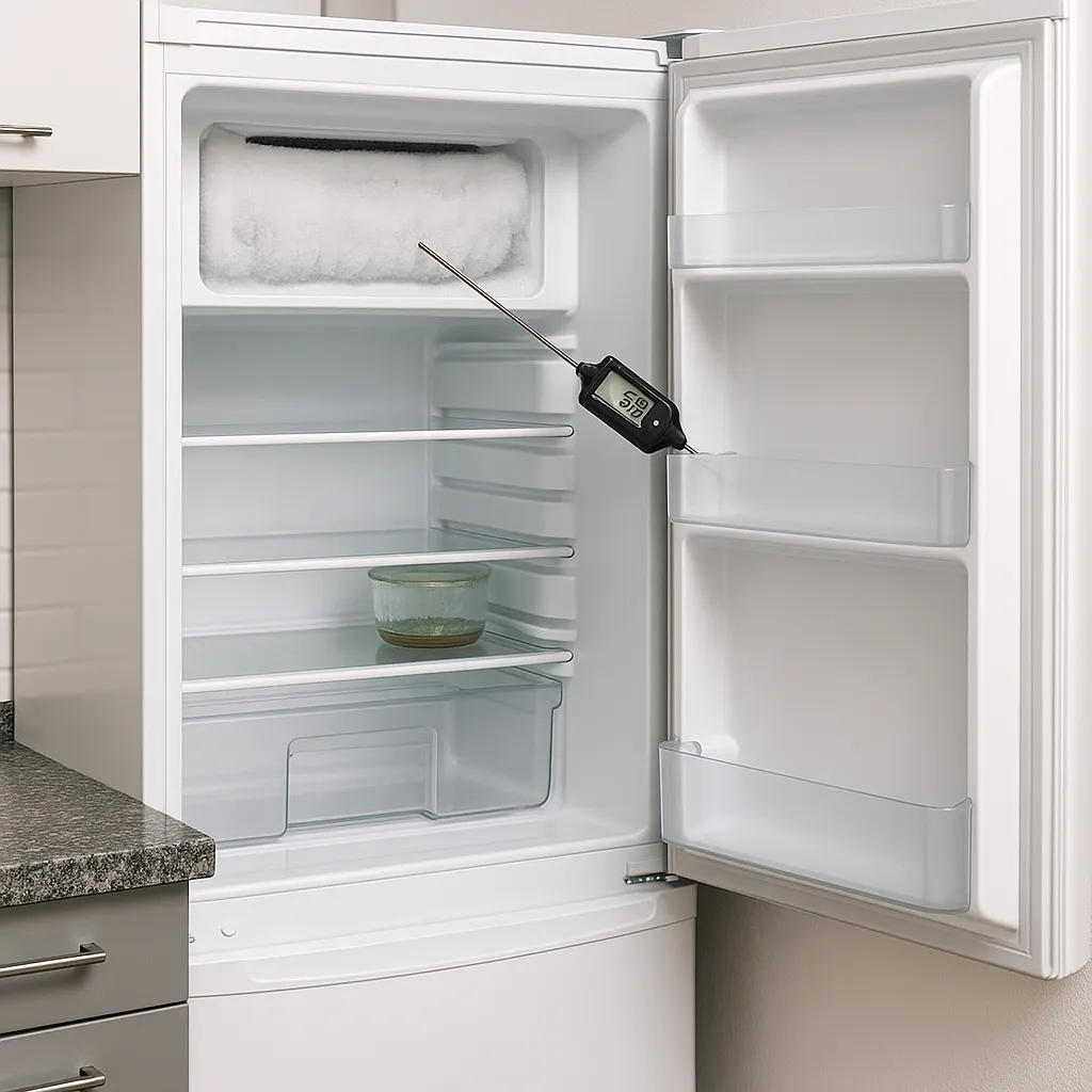 Open koelkast met zichtbare ijsafzetting en digitale thermometer
