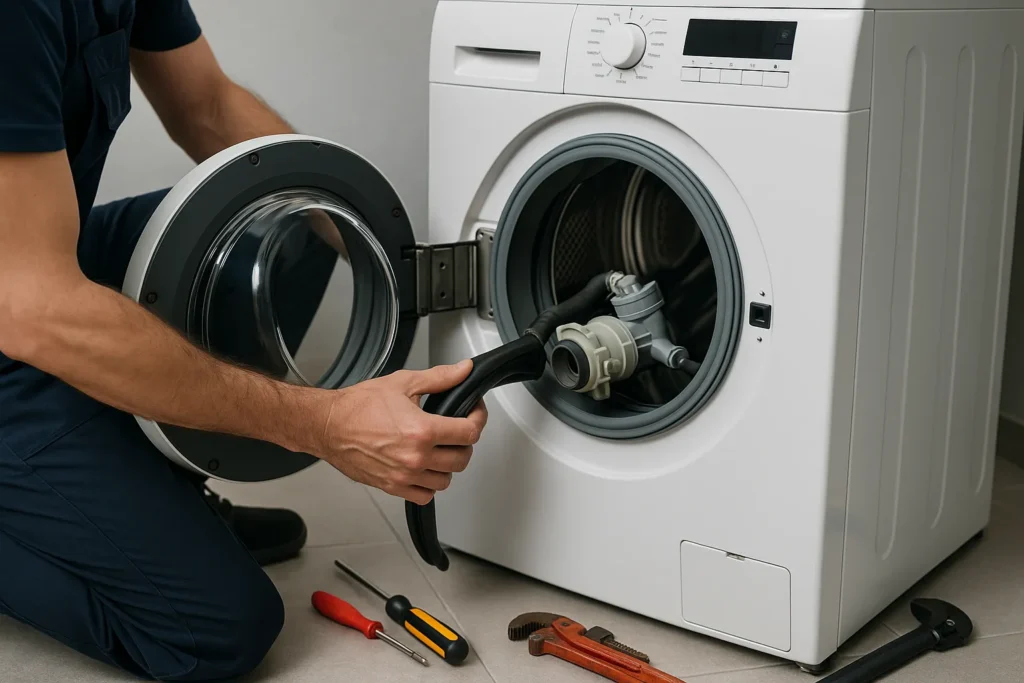 Monteur repareert voorlader wasmachine met geopende voorkant en gereedschap op de vloer.
