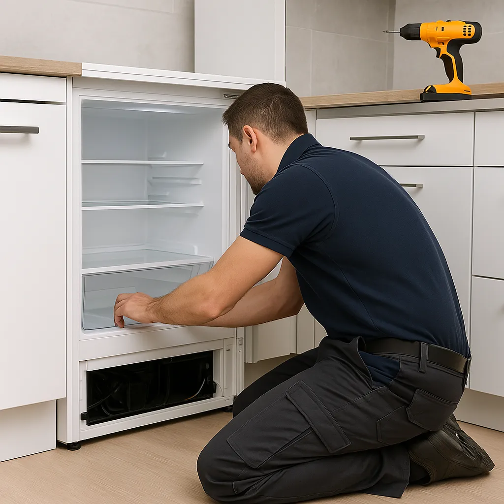 Technicus voert reparatie uit aan ingebouwde koelkast in moderne keuken.