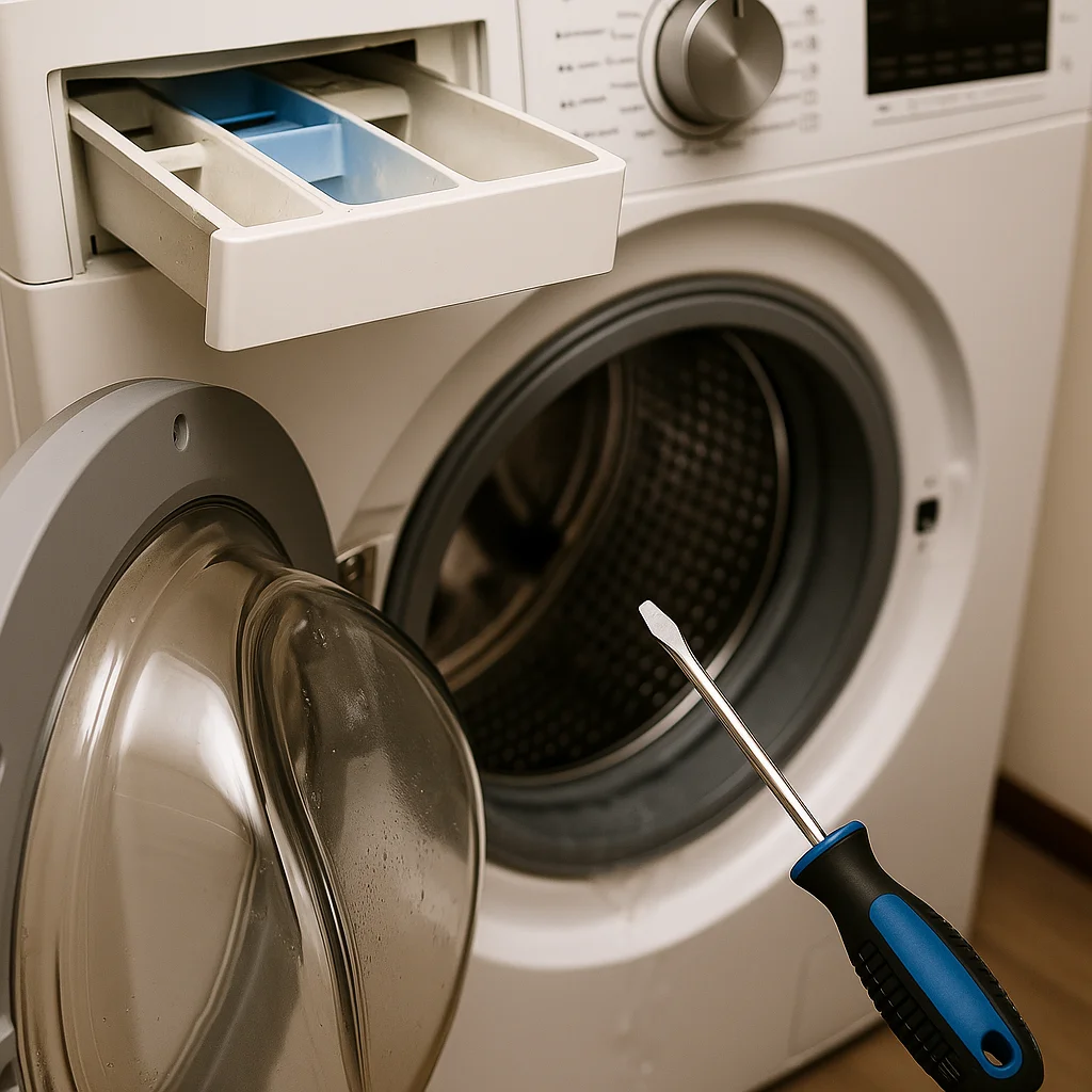 Close-up van een voorlader-wasmachine tijdens een onderhoudsinspectie, met de deur open en de rubberen manchet zichtbaar.