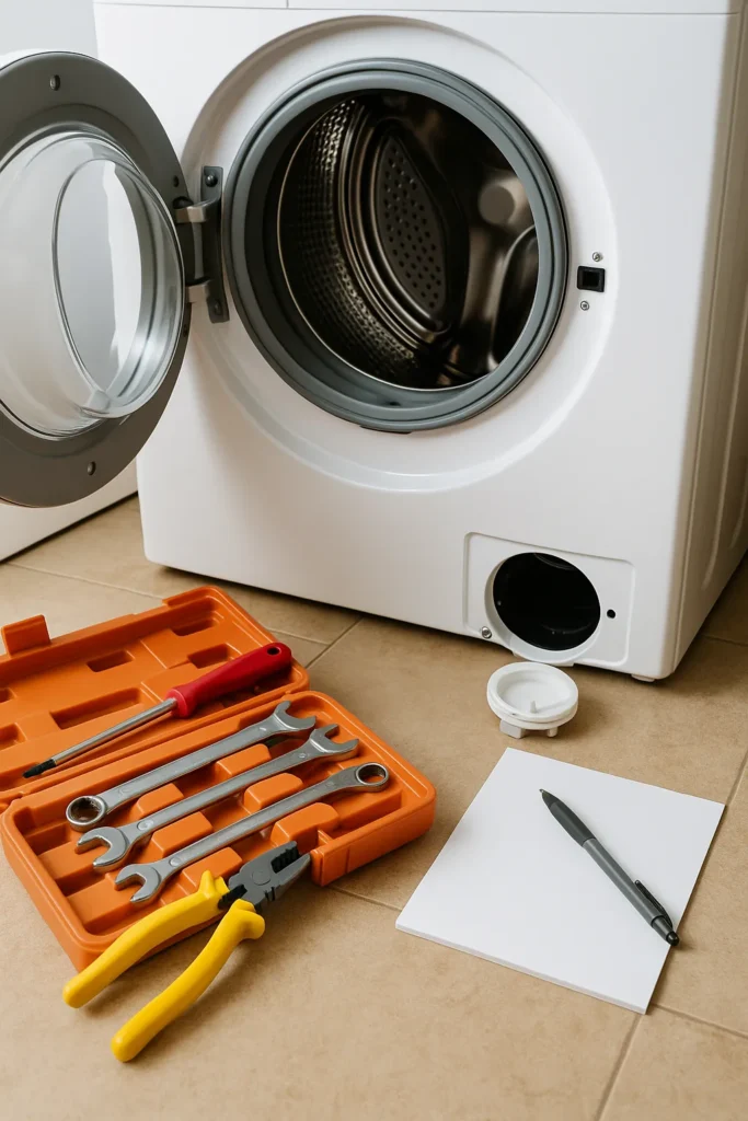 Open wasmachine met gereedschapsset en onderdelen op tegelvloer
