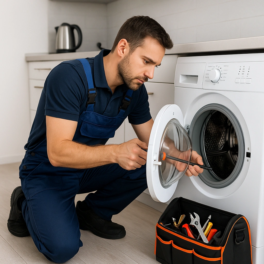 Monteur repareert wasmachine in moderne keuken met gereedschapstas