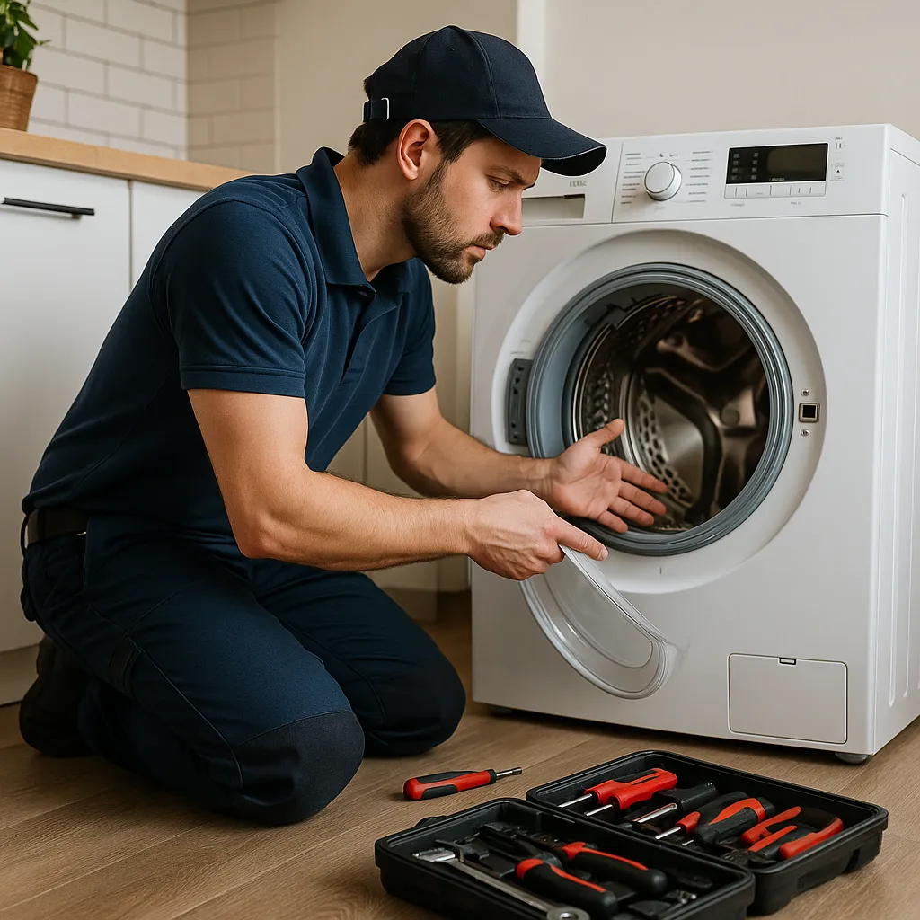 Monteur in blauwe werkkleding repareert wasmachine in moderne keuken met open gereedschapskist.
