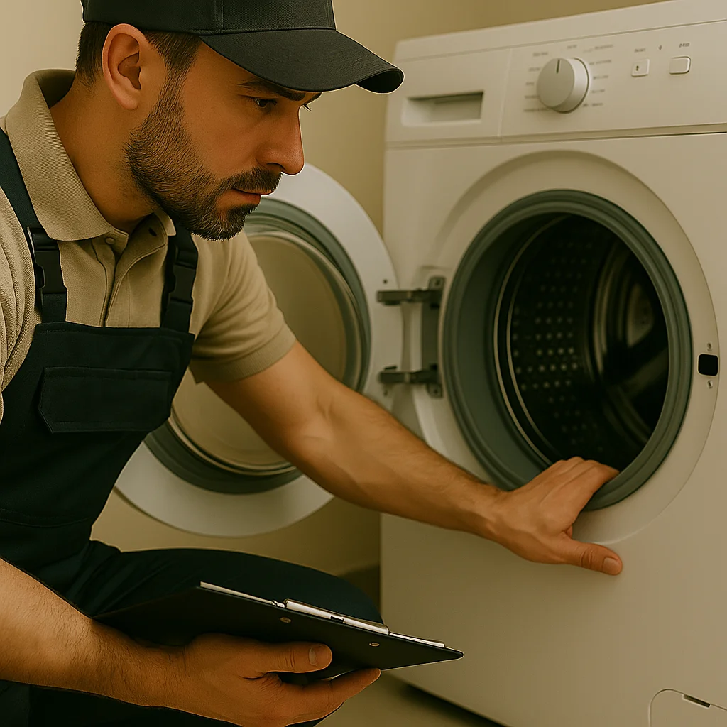Monteur controleert trommel tijdens wasmachine reparatie in Utrecht