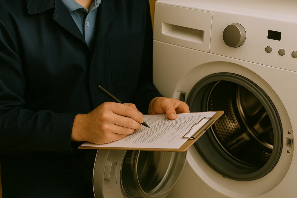 Technicus noteert bevindingen bij een wasmachine tijdens reparatie witgoed in Den Haag.